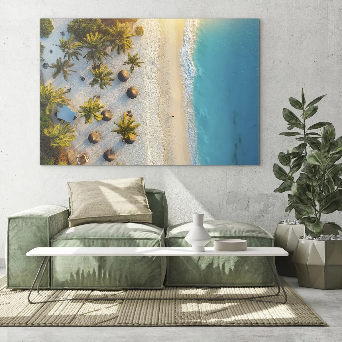 Quadro em vidro - Vista aérea de uma praia tropical com palmeiras e guarda-sóis - 70x50cm - Bem vindo ao Paraíso - Decoração de parede moderna para a sala de estar e quarto ARTTOR