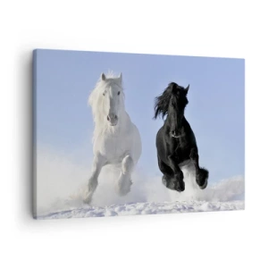 Quadro em tela - Um cavalo branco e um preto galopando pela neve - 70x50cm - Galope preto e branco - Decoração de parede moderna para a sala de estar e quarto ARTTOR