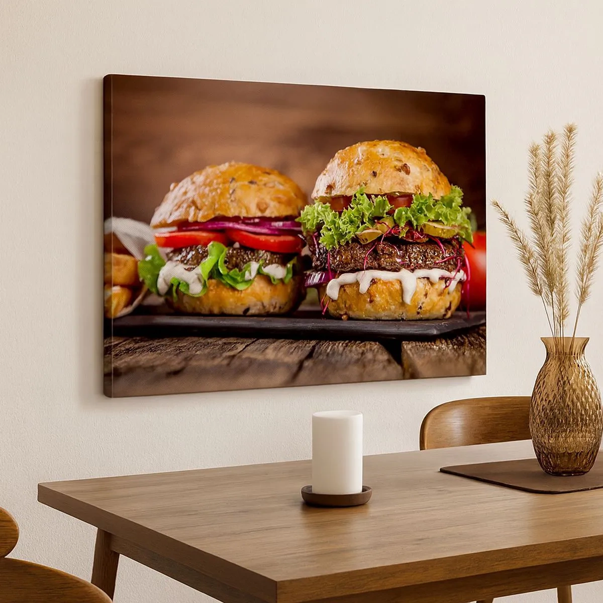 Quadro em tela - Hambúrgueres apetitosos com vegetais e molho - 70x50cm - Sonho americano - Decoração de parede moderna para a sala de estar e quarto ARTTOR