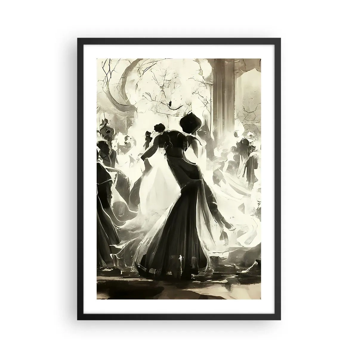 Pôster com moldura preta - Uma bola elegante em preto e branco - 50x70cm - O grande baile de máscaras - Decoração de parede moderna para a sala de estar e quarto ARTTOR