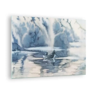 Quadro em vidro - Dois pescadores em um barco cercados por uma paisagem enevoada - 70x50cm - Pescadores no seu paraíso - Decoração de parede moderna para a sala de estar e quarto ARTTOR