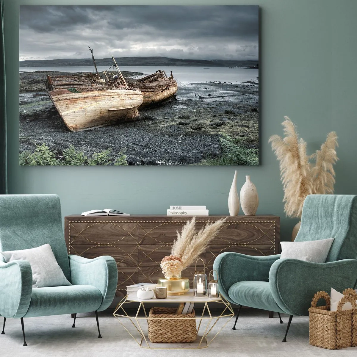 Quadro em tela - Barcos abandonados na praia em uma cena chuvosa - 70x50cm - Como simbolo de um trabalho digno - Decoração de parede moderna para a sala de estar e quarto ARTTOR