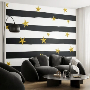 Papel de Parede Premium Sand - Todos nós nascemos sob uma estrela da sorte - Gráficos, Estrela de Ouro, Listras pretas e brancas - 100x70 cm