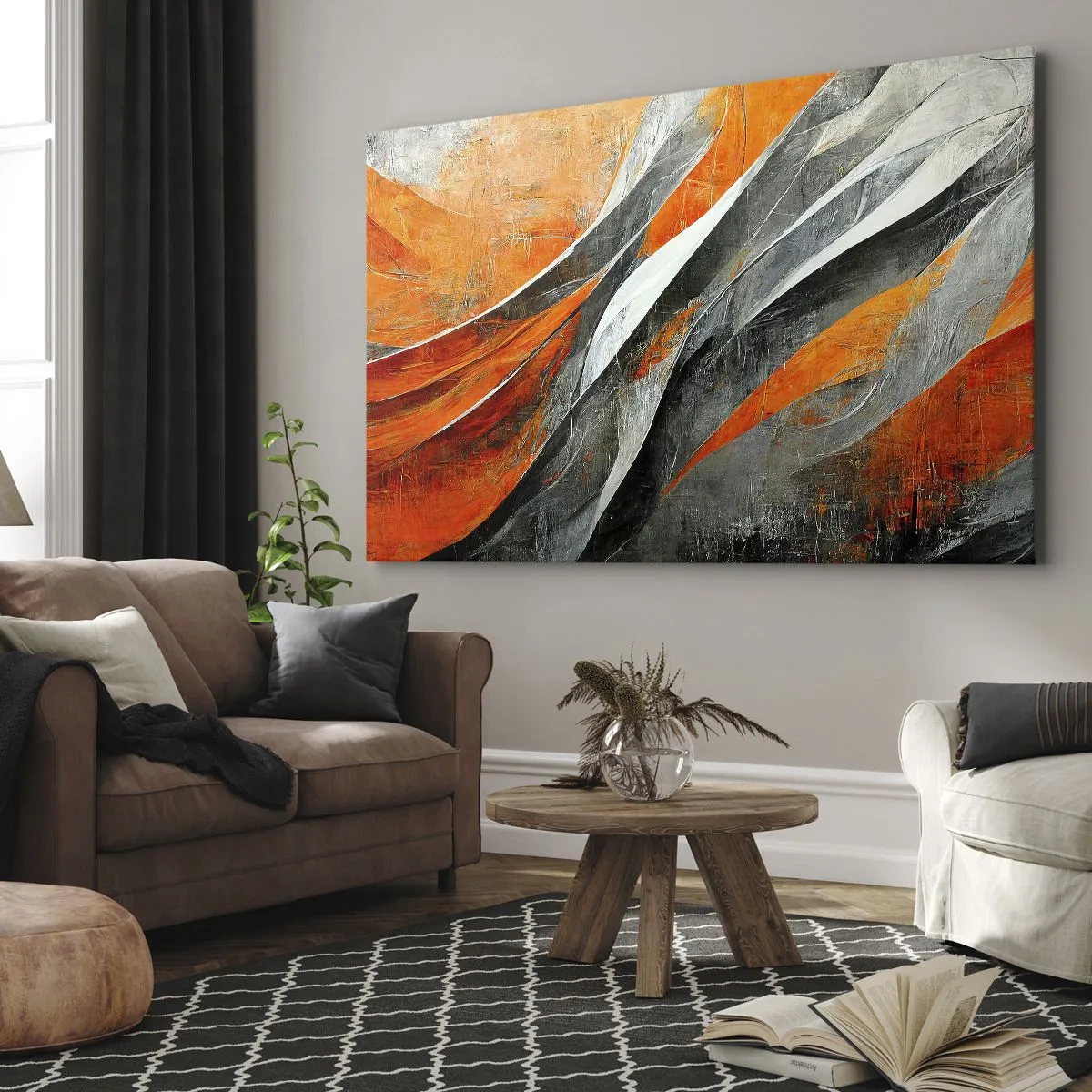 Quadro em tela - Linhas abstratas em tons de laranja e cinza - 70x50cm - Calor e frio - Decoração de parede moderna para a sala de estar e quarto ARTTOR