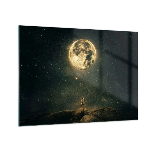 Quadro em vidro - Uma figura em uma rocha segurando a lua, que está presa em uma corda. - 70x50cm - Aquele que roubou a lua - Decoração de parede moderna para a sala de estar e quarto ARTTOR