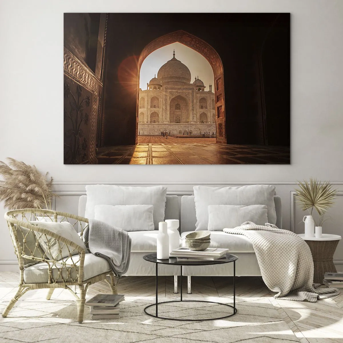 Quadro em vidro - Pôr do sol sobre um edifício monumental visto através de um arco - 70x50cm - Monumento ao amor sobrenatural - Decoração de parede moderna para a sala de estar e quarto ARTTOR