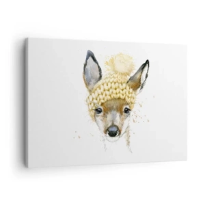 Quadro em tela - Veado aquarela com boné amarelo - 70x50cm - Para o inverno na floresta  - Decoração de parede moderna para a sala de estar e quarto ARTTOR