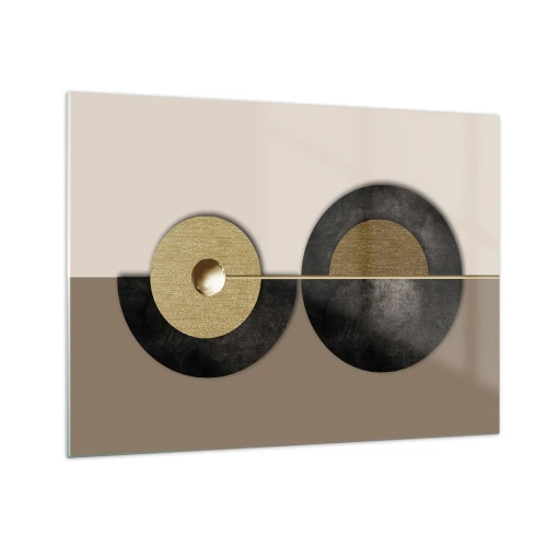 Quadro em vidro - Círculos geométricos em dourado e preto sobre fundo bege - 70x50cm - Variações ao redor do círculo - Decoração de parede moderna para a sala de estar e quarto ARTTOR