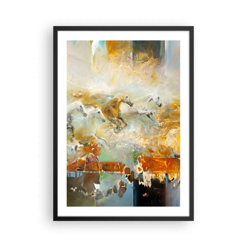 Pôster com moldura preta - Cavalos galopando em um ambiente abstrato - 50x70cm - A galope através da luz - Decoração de parede moderna para a sala de estar e quarto ARTTOR