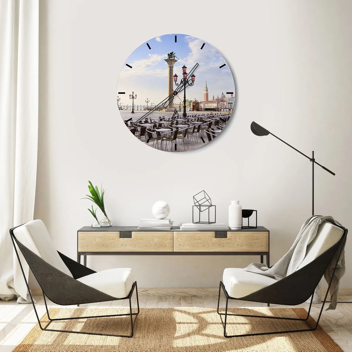 Relógio de parede - Relógio em vidro - Praça veneziana com lanternas e vista da torre ao fundo - 30x30cm - Bem-vindo, está tudo pronto - Decoração de parede moderna para a sala de estar, cozinha e quarto ARTTOR