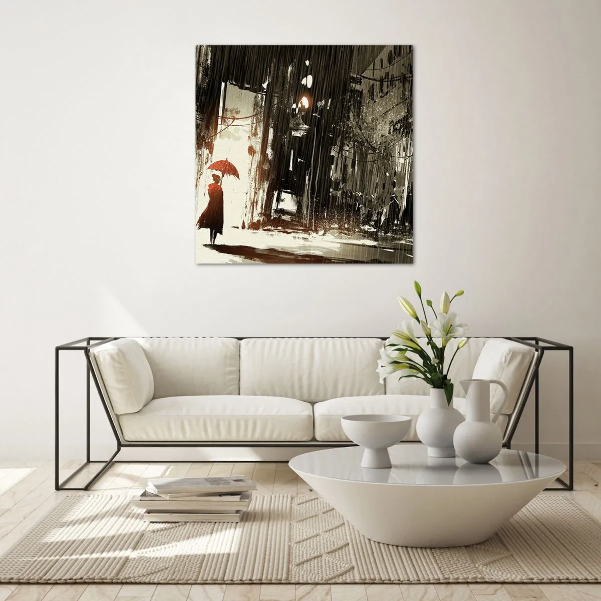 Quadro em vidro - A poesia do guarda-chuva vermelho - 60x60 cm