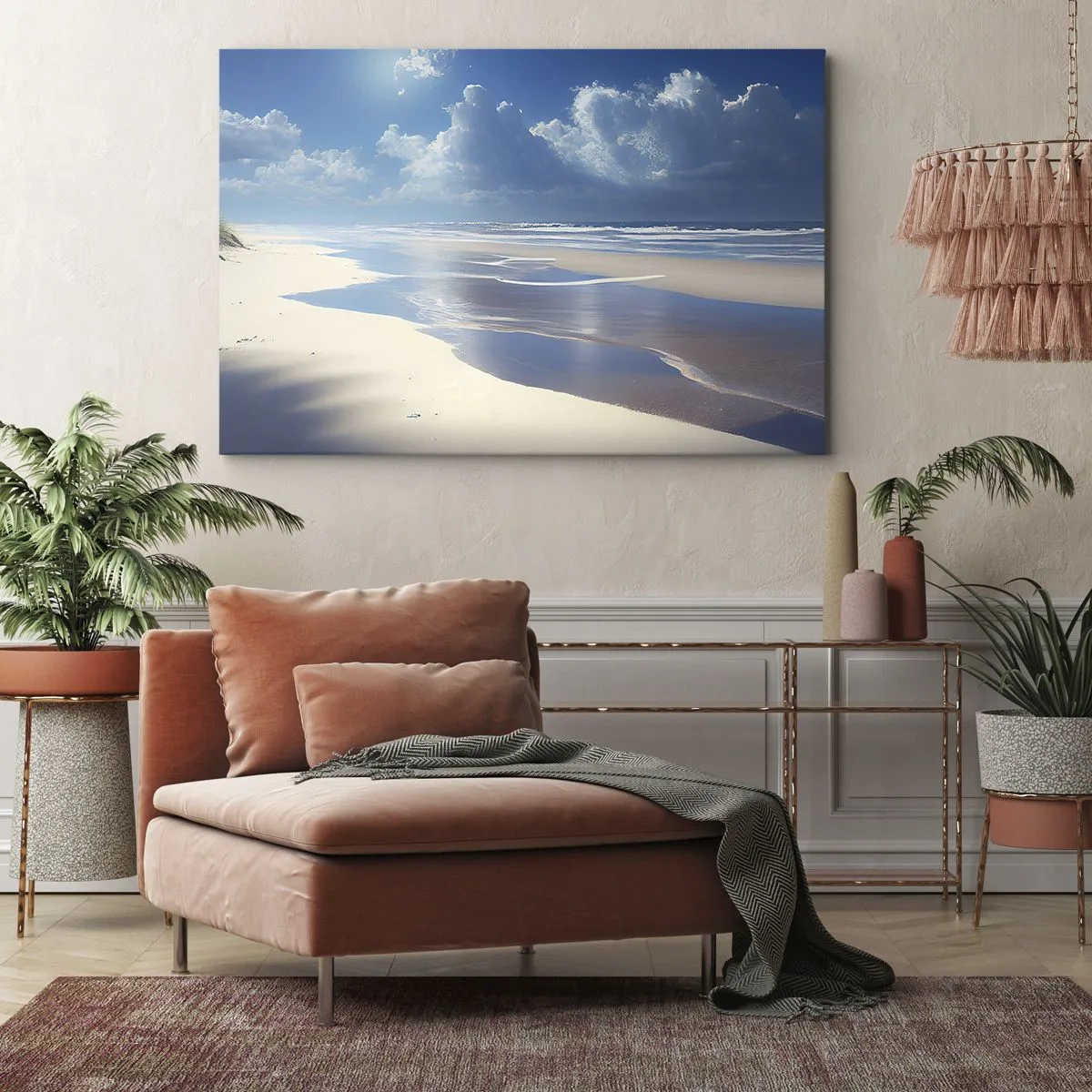Quadro em tela - Uma praia de areia com ondas sob um céu azul - 70x50cm - Férias no paraíso - Decoração de parede moderna para a sala de estar e quarto ARTTOR