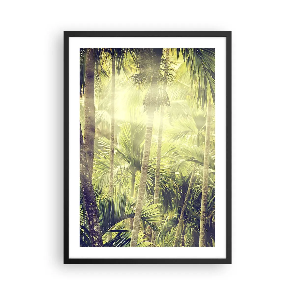 Pôster com moldura preta - Floresta tropical com raios de sol ao fundo - 50x70cm - No calor verde - Decoração de parede moderna para a sala de estar e quarto ARTTOR