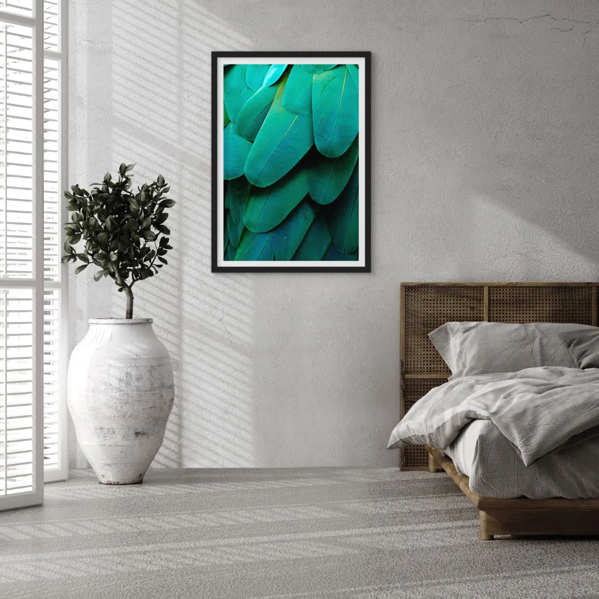 Pôster com moldura preta - Close-up das penas verdes de um pássaro exótico - 50x70cm - Precisão de papagaio - Decoração de parede moderna para a sala de estar e quarto ARTTOR