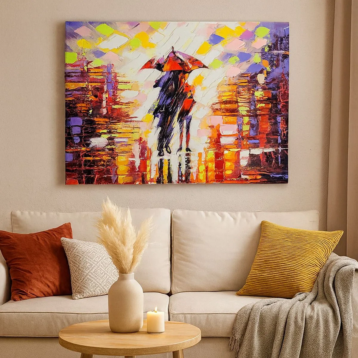 Quadro em tela - Uma cena abstrata de uma caminhada sob um guarda-chuva em uma noite chuvosa. - 70x50cm - Juntos durante a noite e a chuva - Decoração de parede moderna para a sala de estar e quarto ARTTOR