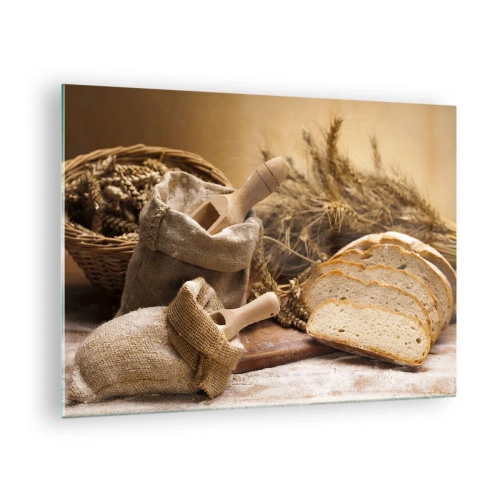 Quadro em vidro - Pão, farinha e espigas de cereais em estilo rústico - 70x50cm - Pão de cada dia - Decoração de parede moderna para a sala de estar e quarto ARTTOR