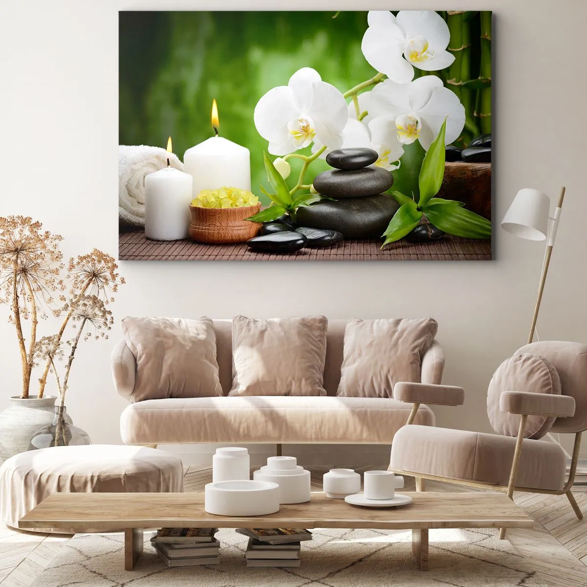 Quadro em tela - Orquídeas, velas e pedras cercadas pela natureza - 70x50cm - Um toque perfumado, floral e suave - Decoração de parede moderna para a sala de estar e quarto ARTTOR