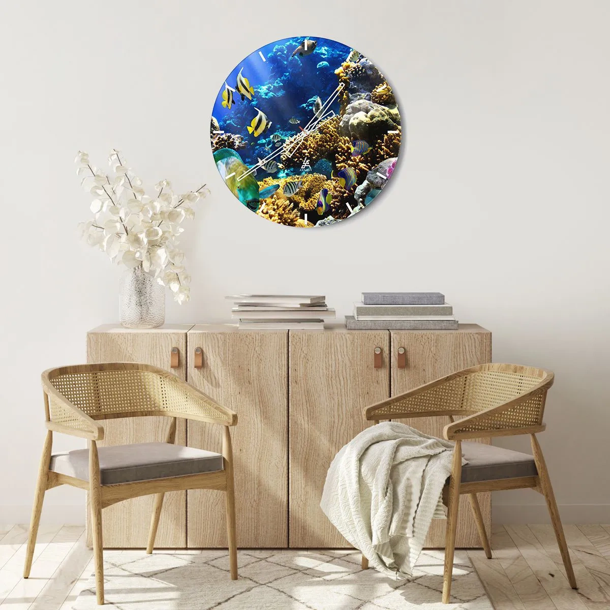 Relógio de parede - Relógio em vidro - Recife de coral com peixes tropicais no oceano azul - 30x30cm - Tráfego intenso no percurso de férias - Decoração de parede moderna para a sala de estar, cozinha e quarto ARTTOR
