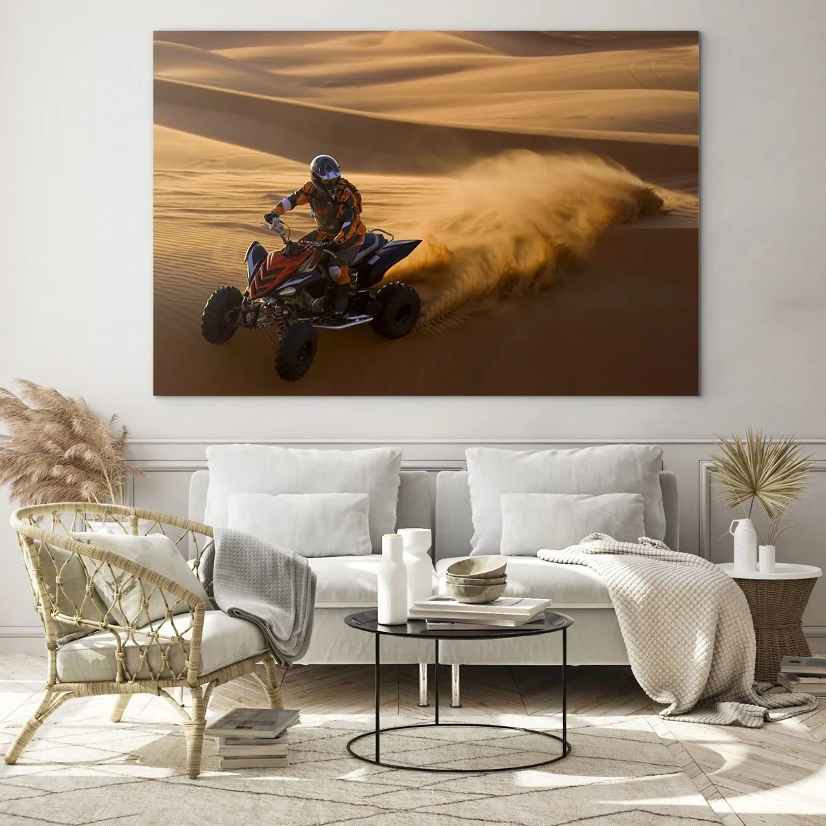 Quadro em vidro - ATV em ação no deserto ao pôr do sol - 70x50cm - Nas ondas de areia - Decoração de parede moderna para a sala de estar e quarto ARTTOR