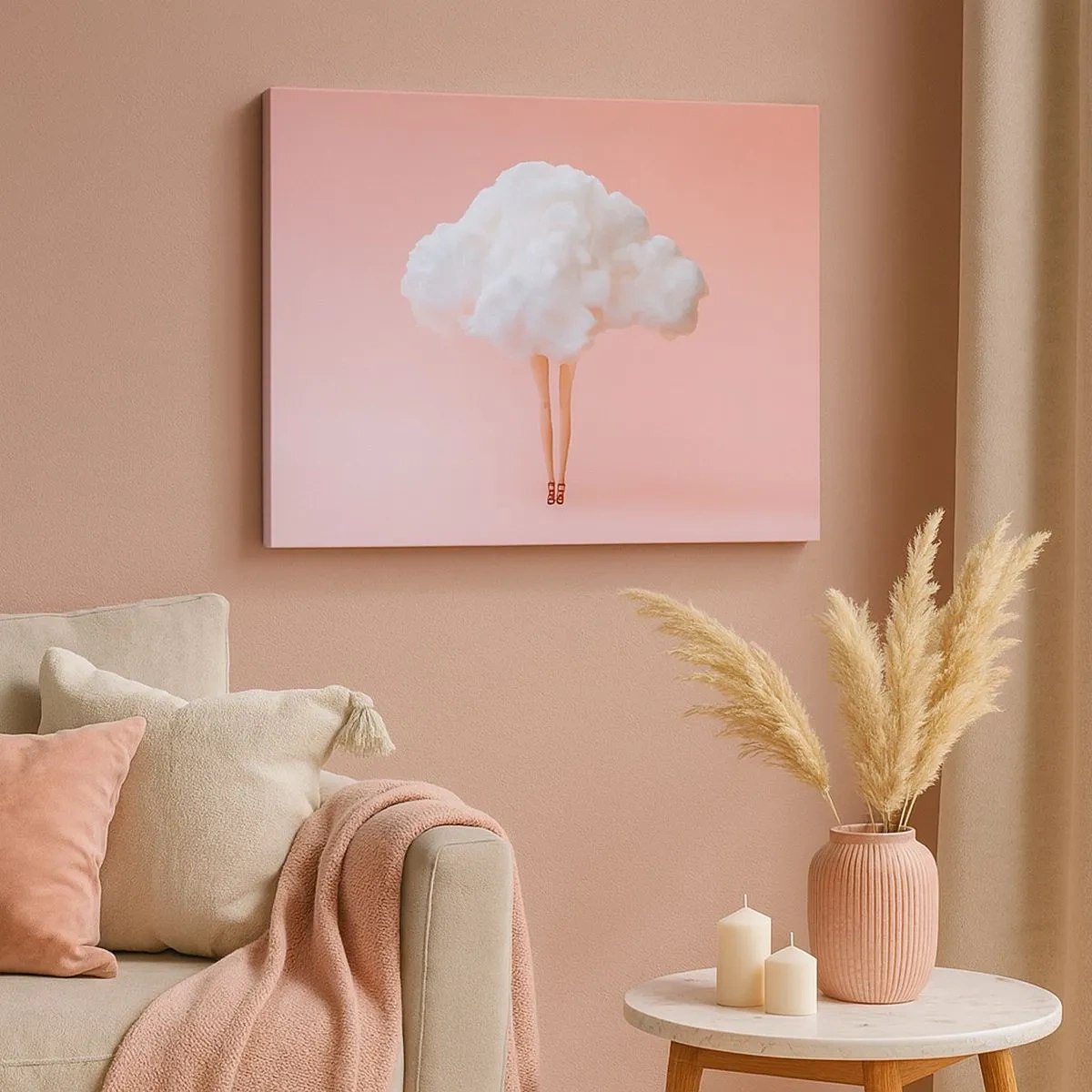 Quadro em tela - Pernas em uma nuvem sobre um fundo rosa - 70x50cm - Doce promessa - Decoração de parede moderna para a sala de estar e quarto ARTTOR