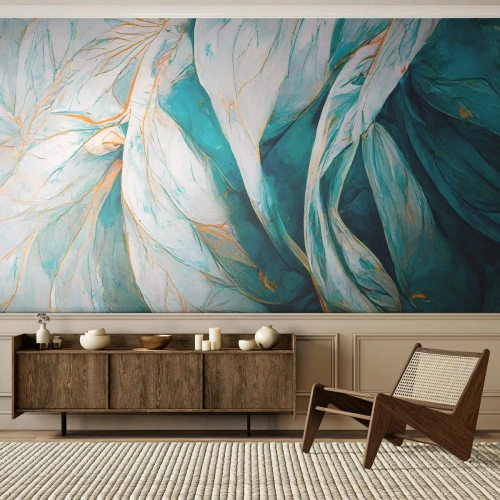 Papel de Parede Premium Canvas - Abstração azul com lema dourado - Pedaço, Art Deco, Sutil - 500x350 cm