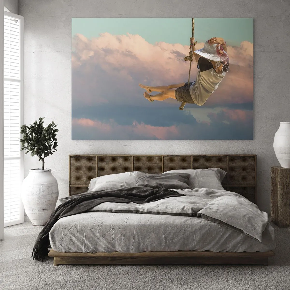 Quadro em vidro - Menina em um balanço entre nuvens cor de rosa - 70x50cm - Diversão nas nuvens - Decoração de parede moderna para a sala de estar e quarto ARTTOR