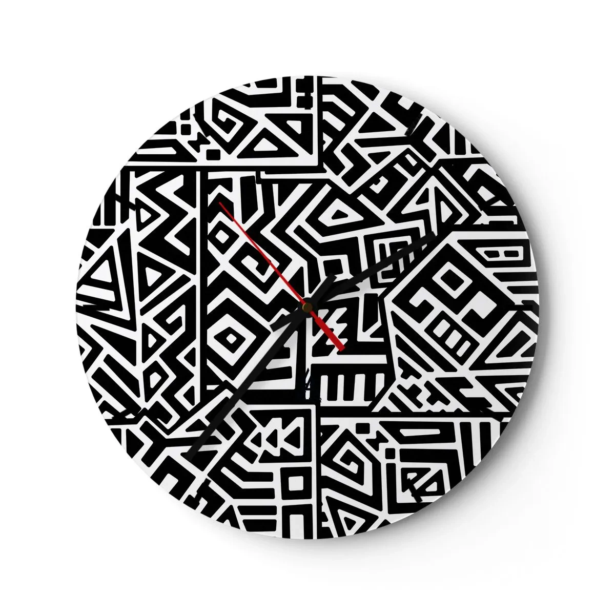 Relógio de parede - Relógio em vidro - Composição em preto e branco de padrões geométricos - 30x30cm - Composição pré-colombiana - Decoração de parede moderna para a sala de estar, cozinha e quarto ARTTOR