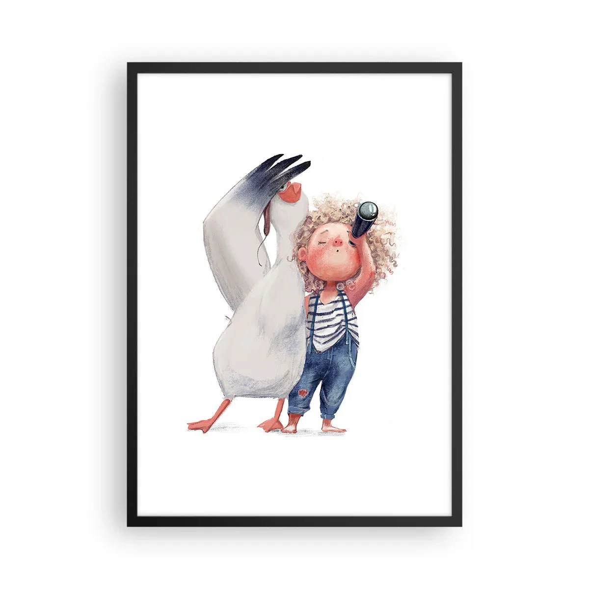 Pôster com moldura preta - Ilustração de uma criança com binóculos e um pássaro a acompanhá-la - 50x70cm - O itinerário da grande viagem - Decoração de parede moderna para a sala de estar e quarto ARTTOR