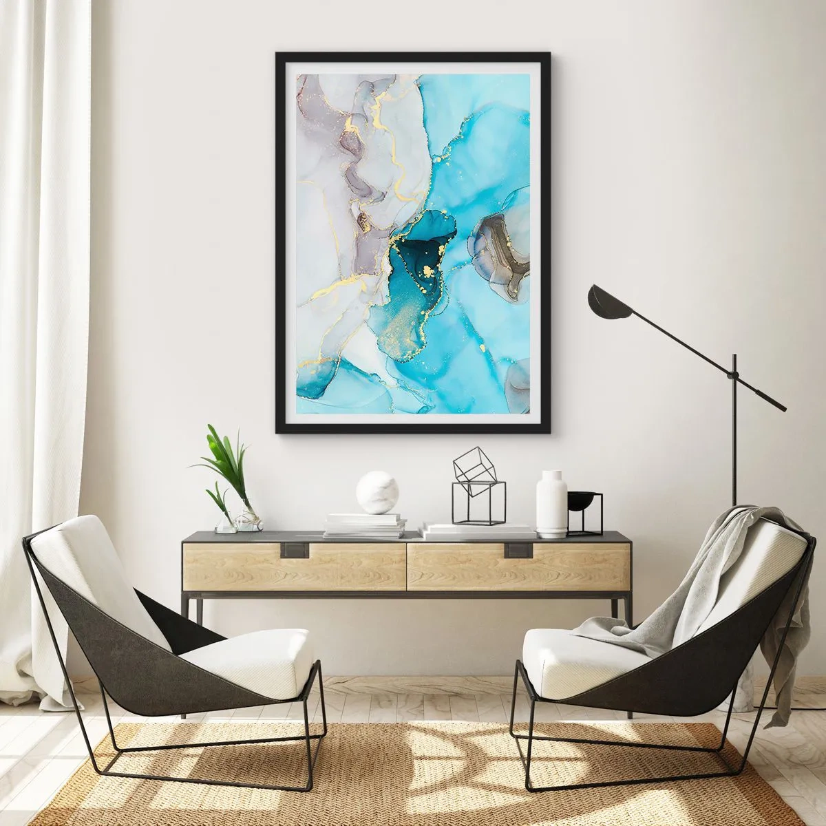 Pôster com moldura preta - Estudo do encontro do cinza e turquesa - 30x40 cm