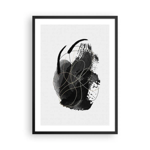 Pôster com moldura preta - Uma composição abstrata em preto com delicadas linhas douradas. - 50x70cm - Emergido do preto - Decoração de parede moderna para a sala de estar e quarto ARTTOR