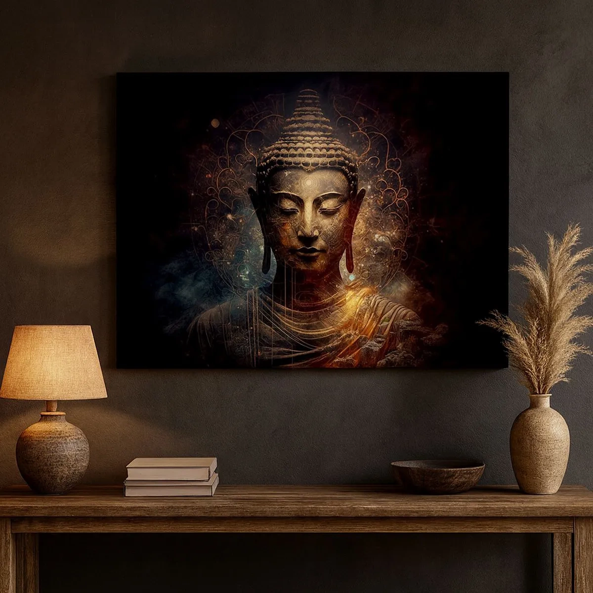 Quadro em tela - Buda dourado em um fundo escuro com ornamentos - 70x50cm - Equilíbrio espiritual - Decoração de parede moderna para a sala de estar e quarto ARTTOR