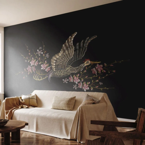 Papel de Parede Autocolante Deluxe Sticker - Pássaro exótico e bordado - Pássaro, Gráficos, Flores - 250x175 cm