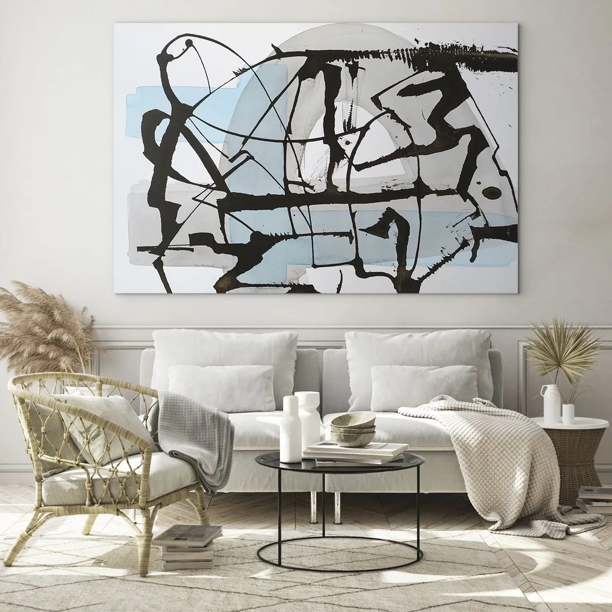 Quadro em vidro - Composição abstrata com um esboço preto e manchas azuis - 70x50cm - Azul mesmo assim - Decoração de parede moderna para a sala de estar e quarto ARTTOR