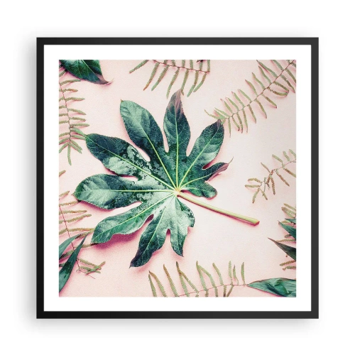 Pôster com moldura preta - Estudo do verde em um fundo rosa - 60x60 cm