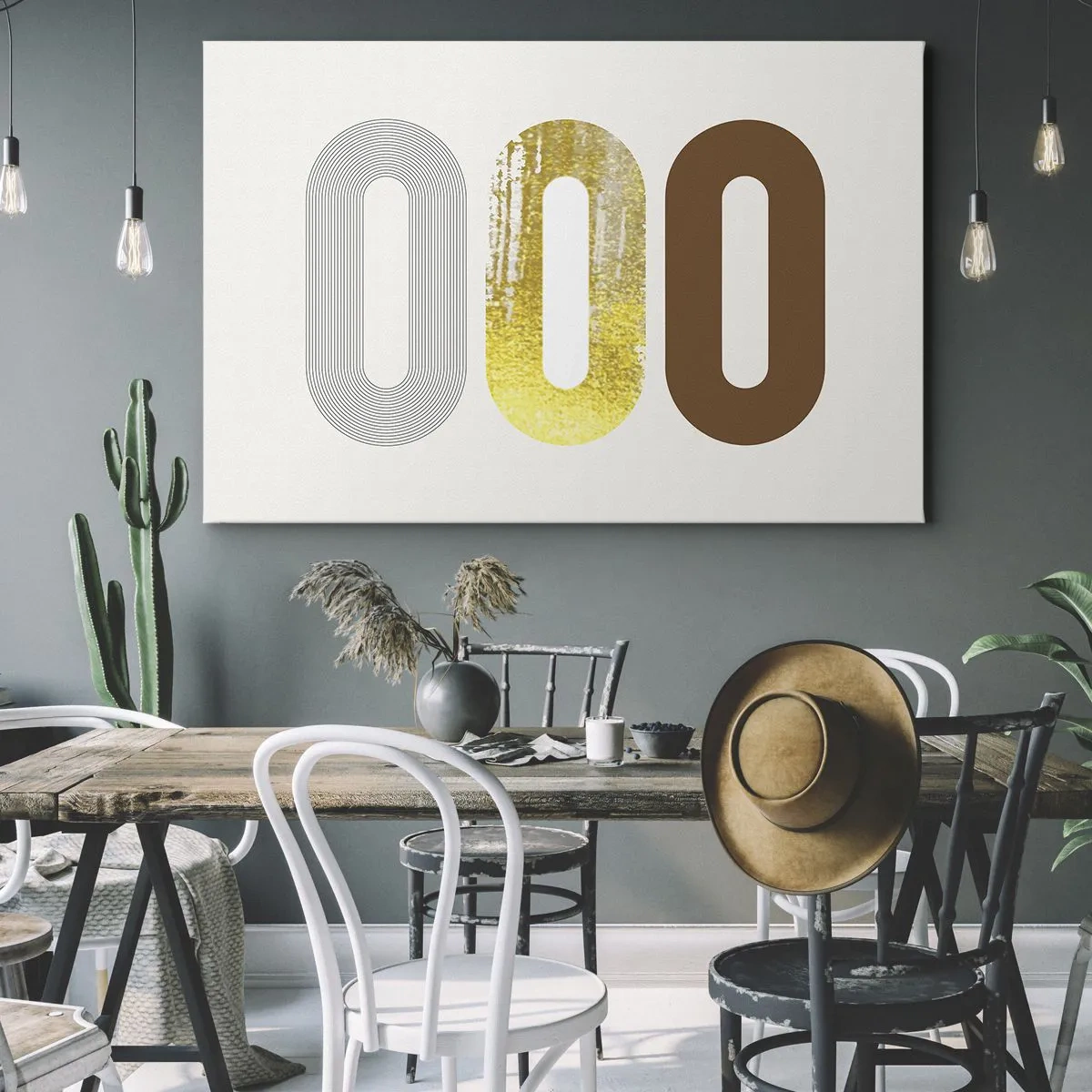 Quadro em tela - Motivo abstrato de três formas geométricas - 70x50cm - Uuu! - Decoração de parede moderna para a sala de estar e quarto ARTTOR