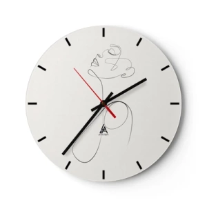 Relógio de parede - Relógio em vidro - Um perfil feminino feito com uma linha preta sobre um fundo claro - 30x30cm - Enrolada em sonhos - Decoração de parede moderna para a sala de estar, cozinha e quarto ARTTOR