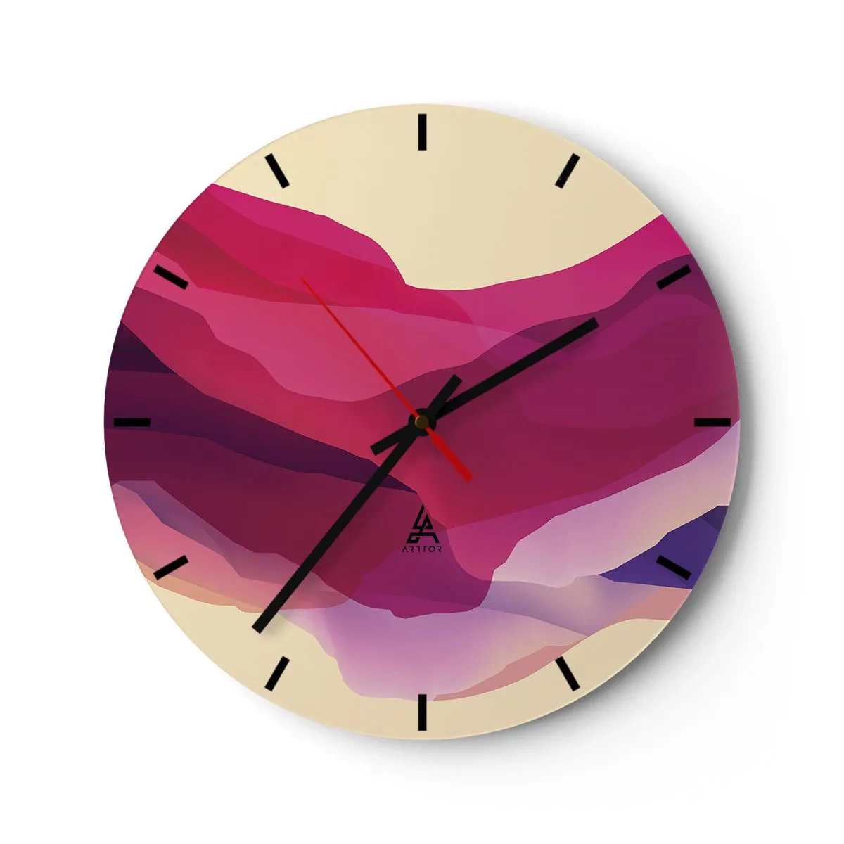 Relógio de parede - Relógio em vidro - Padrão abstrato em tons de rosa e roxo - 30x30cm - Ondas de roxo - Decoração de parede moderna para a sala de estar, cozinha e quarto ARTTOR