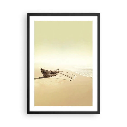Pôster com moldura preta - Um barco de madeira solitário em uma praia vazia em cores pastel. - 50x70cm - Memória dos mares do sul - Decoração de parede moderna para a sala de estar e quarto ARTTOR