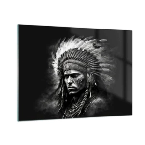 Quadro em vidro - Retrato em preto e branco de um guerreiro com um cocar de penas - 70x50cm - Um líder e um guerreiro - Decoração de parede moderna para a sala de estar e quarto ARTTOR