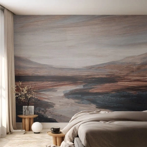 Papel de Parede Standard Eco - Um vale pitoresco com um rio em tons de marrom e azul - 100x70cm - Um vale tranquilo - Decoração de parede moderna para a sala de estar e quarto ARTTOR