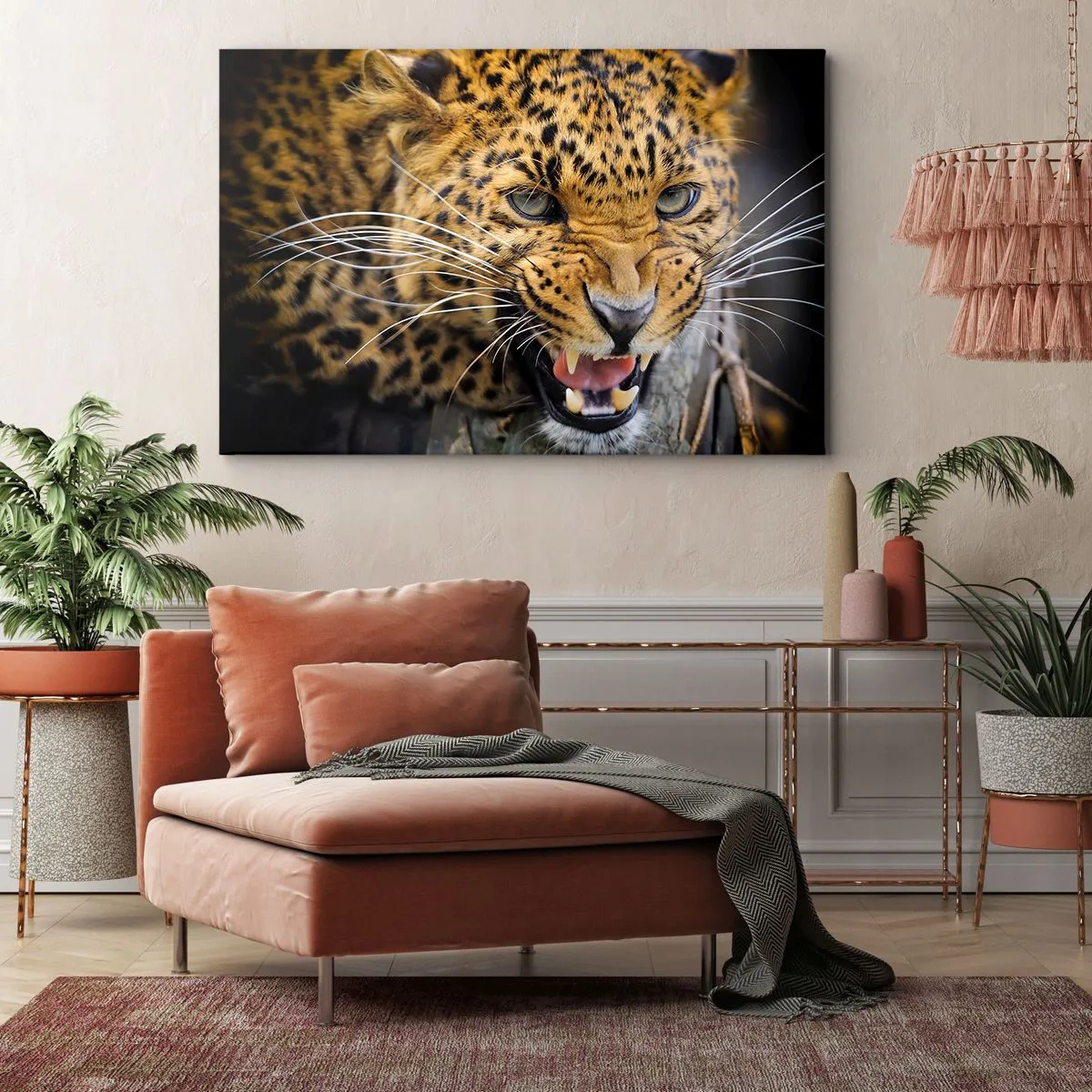 Quadro em tela - Um close de um leopardo ameaçador com suas presas à mostra. - 70x50cm - Não se aproxime, estou a avisar! - Decoração de parede moderna para a sala de estar e quarto ARTTOR