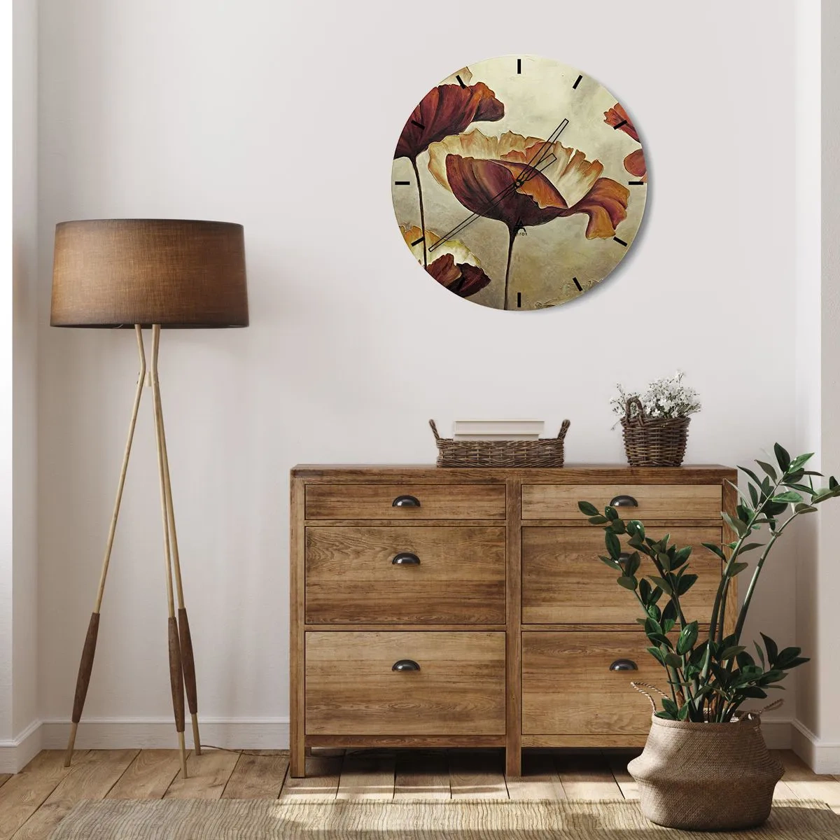 Relógio de parede - Relógio em vidro - Motivo floral artístico em tons quentes de marrom e bege - 30x30cm - Prados e pradarias - Decoração de parede moderna para a sala de estar, cozinha e quarto ARTTOR