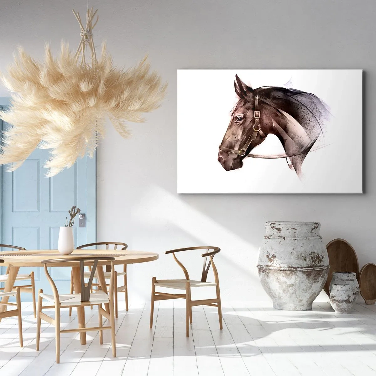 Quadro em tela - Um perfil de cavalo em uma forma artística delicada sobre um fundo branco - 70x50cm - Que charme - Decoração de parede moderna para a sala de estar e quarto ARTTOR