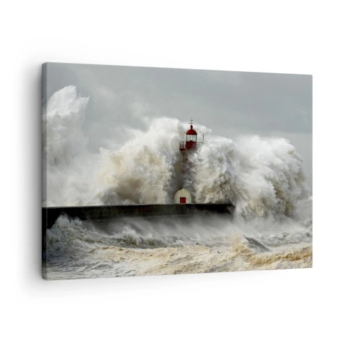Quadro em tela - Um farol cercado por ondas fortes durante uma tempestade - 70x50cm - A ira do oceano - Decoração de parede moderna para a sala de estar e quarto ARTTOR