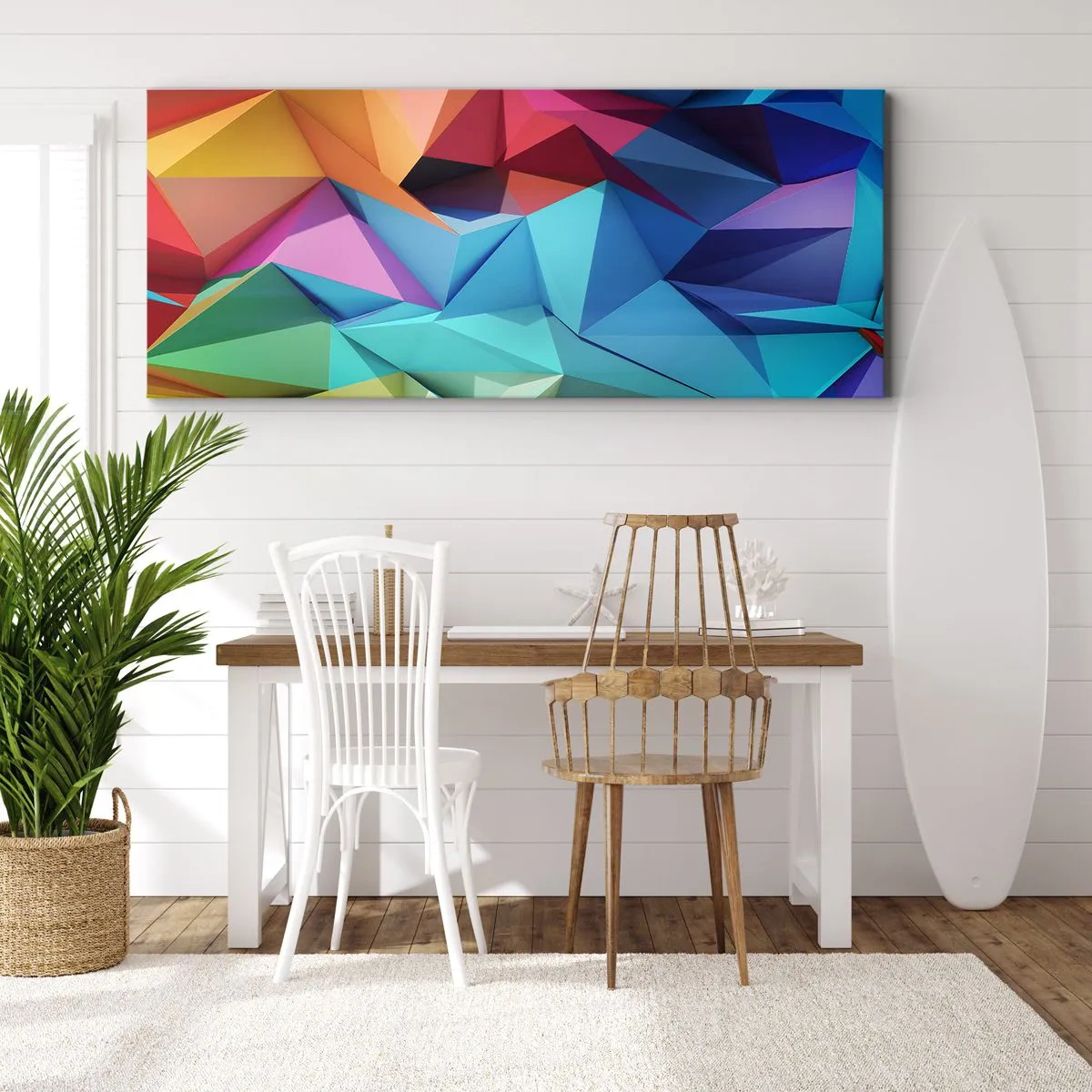 Quadro em tela - Arco-íris de origami - 100x40 cm