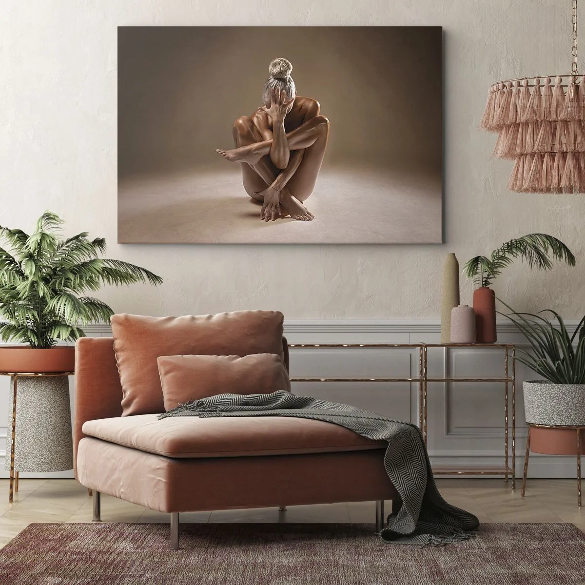Quadro em tela - Silhueta artística de uma mulher em um fundo bege - 70x50cm - Unidade de corpo e alma - Decoração de parede moderna para a sala de estar e quarto ARTTOR