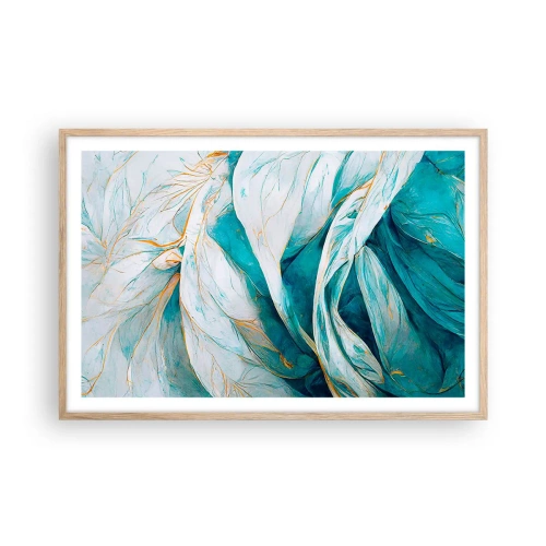 Pôster com moldura de carvalho claro - Abstração azul com lema dourado - 91x61 cm