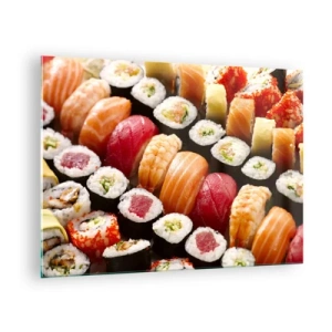 Quadro em vidro - Uma composição de sushi colorida com uma variedade de ingredientes - 70x50cm - Cores e sabores da Ásia - Decoração de parede moderna para a sala de estar e quarto ARTTOR