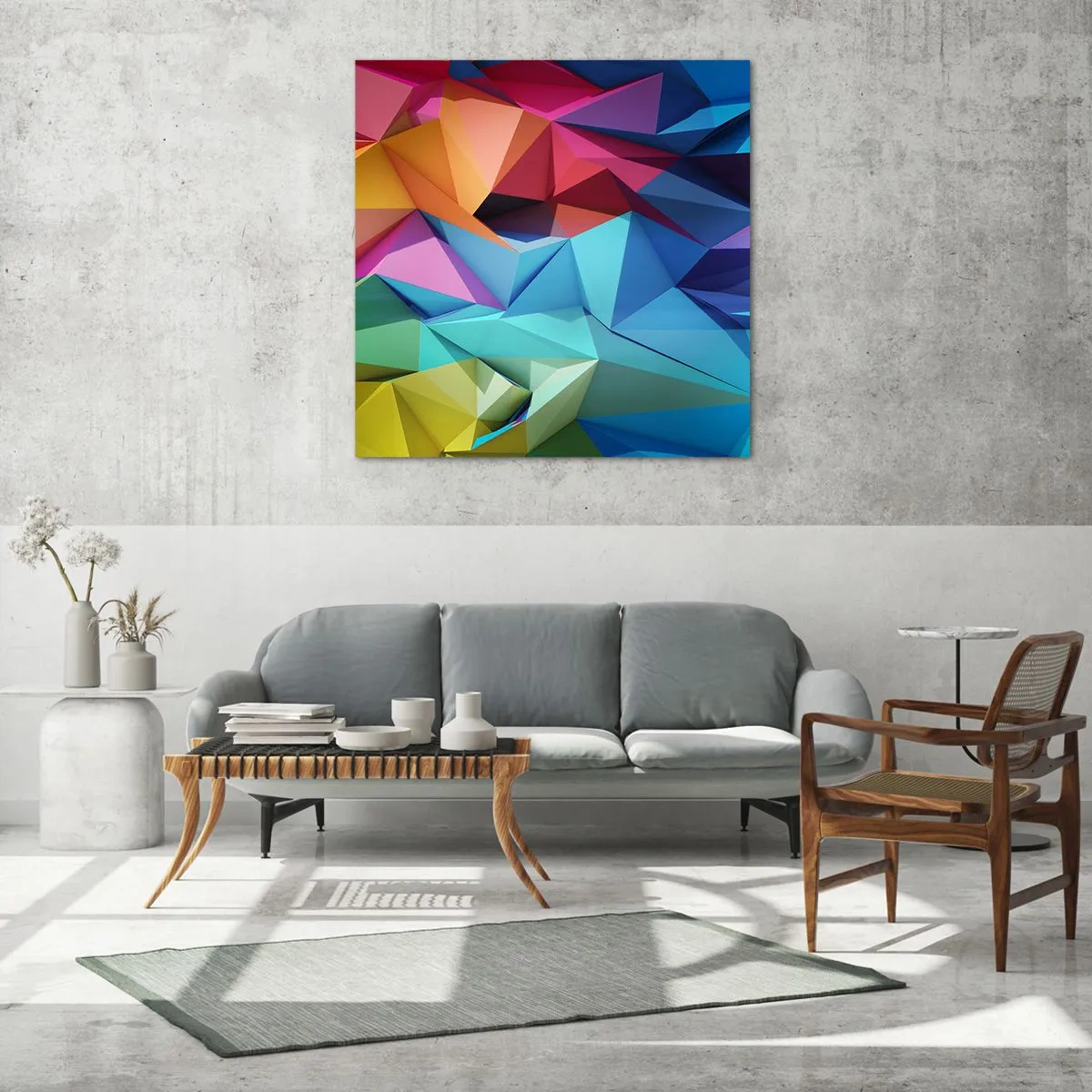 Quadro em vidro - Arco-íris de origami - 30x30 cm