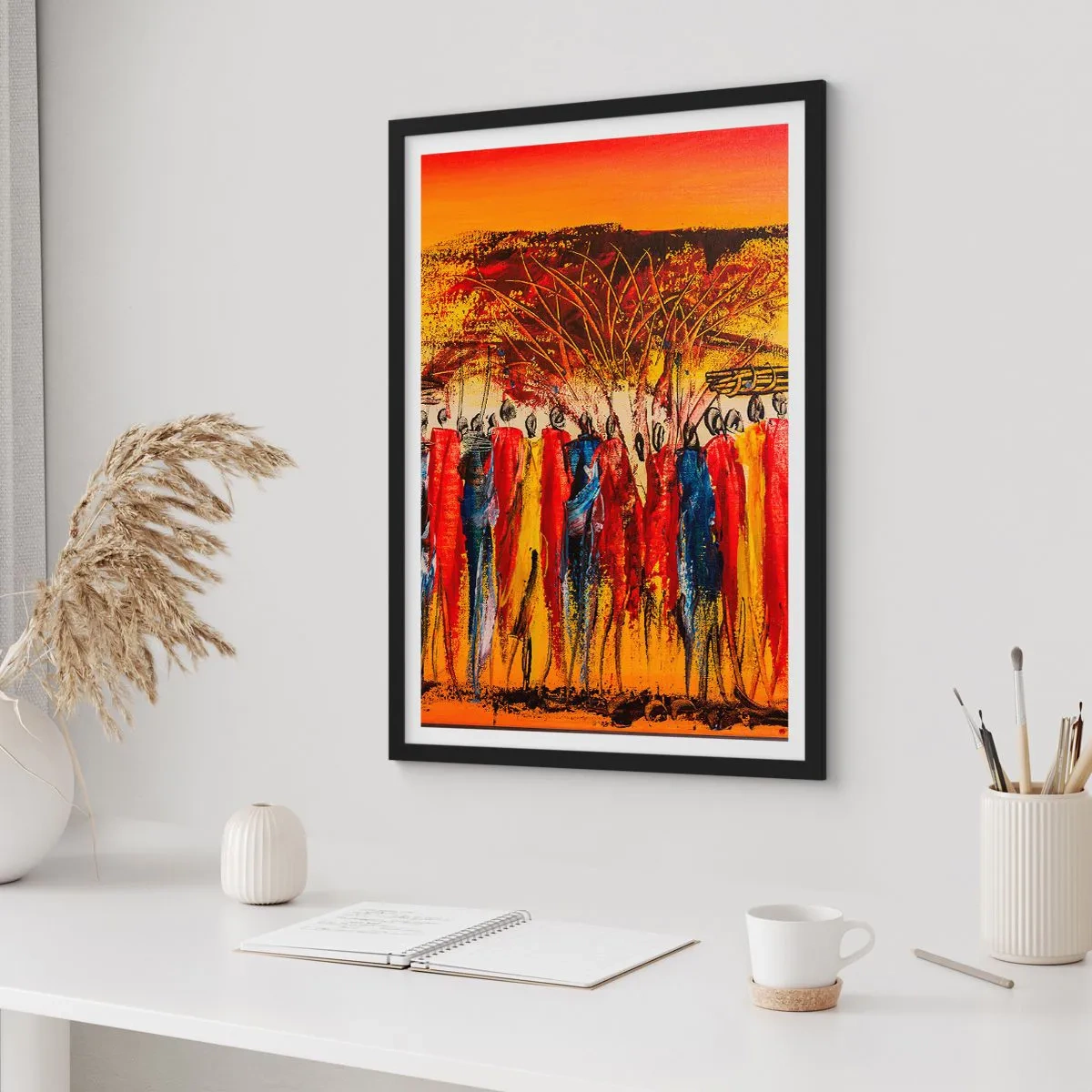Pôster com moldura preta - Cena africana abstrata com cores vibrantes - 50x70cm - Lá, lá, lá vão eles - Decoração de parede moderna para a sala de estar e quarto ARTTOR